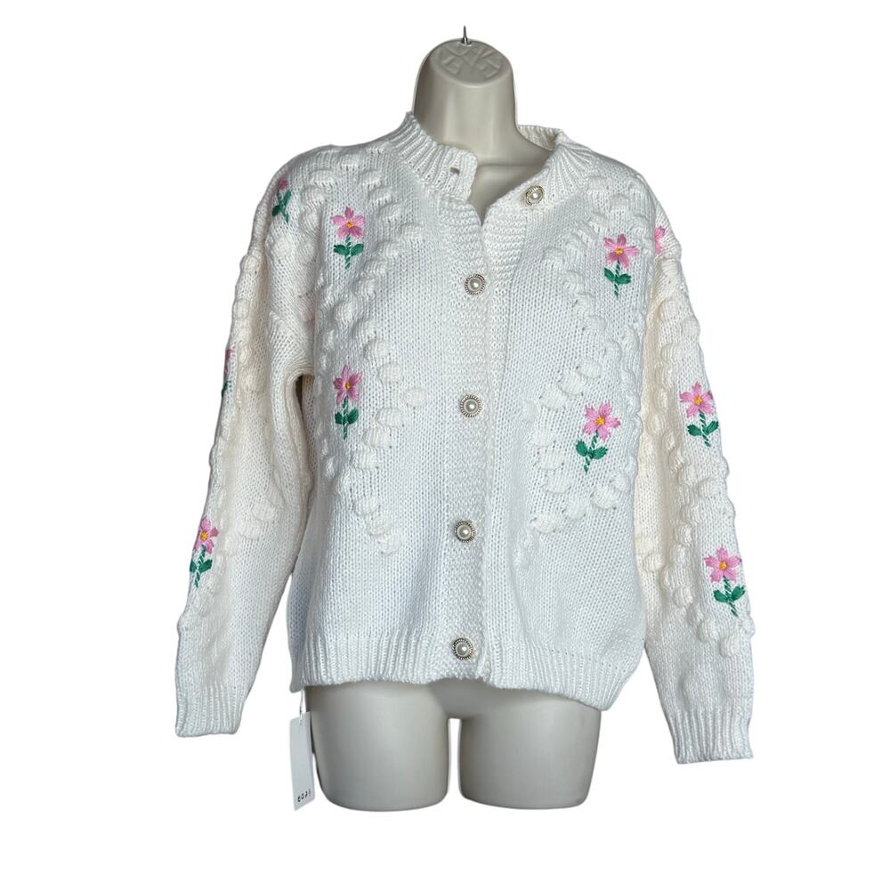 Unique Vintage Cream Floral Crew Neck Button Up Cardigan Sweater XL NWT